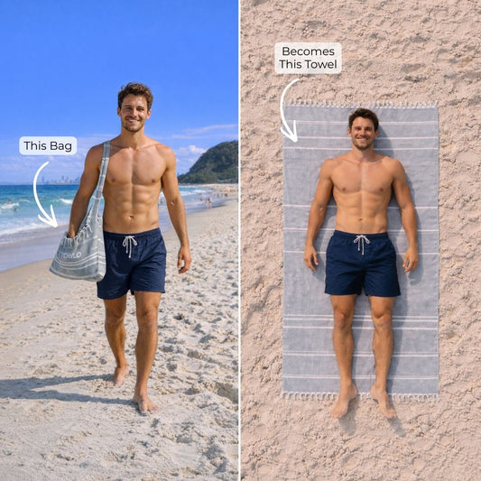 Man on a beach with a bag labeled 'This Bag' and a towel labeled 'Becomes This Towel'.