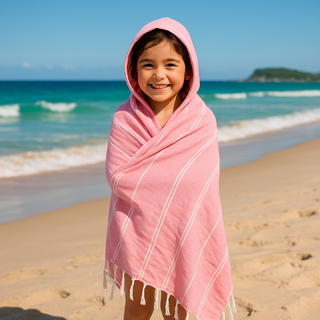 Smiling girl wrapped in a pink hooded Turkish towel with white stripes on a sunny Gold Coast beach – Towlo kids beach towel