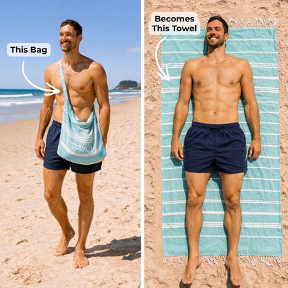 Man transforming a bag into a towel on a beach