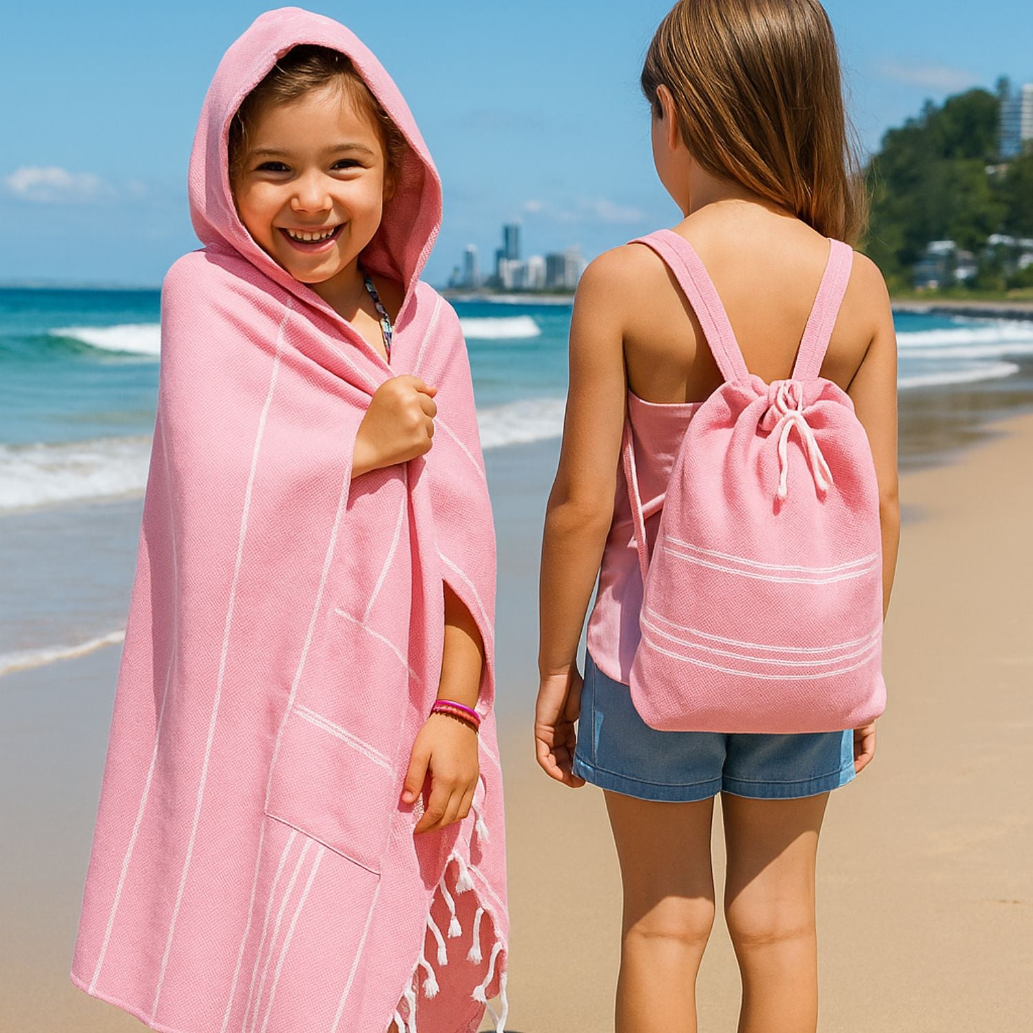 Two girls on a sandy beach wearing Towlo pink 3-in-1 hooded towel and matching towel backpack, shown from front and back with ocean waves and skyline in the background