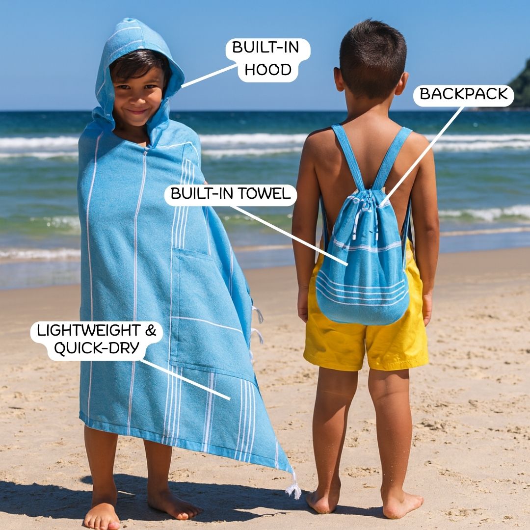 Two children on a beach wearing Towlo blue 3-in-1 hooded towel and matching towel backpack, shown from front and back with ocean waves in the background