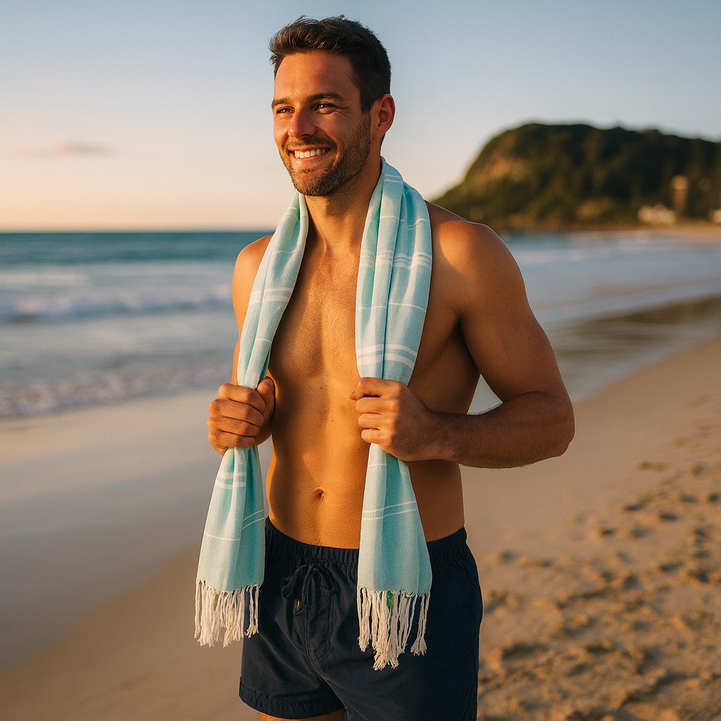 Man standing on the beach at sunset holding a light blue striped Turkish Towlo towel around his neck